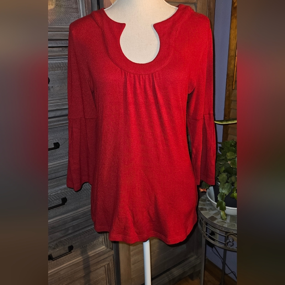 Elegant Red Light Red Sweater 3/4 Length Bell Sleeves Sz Med Like New